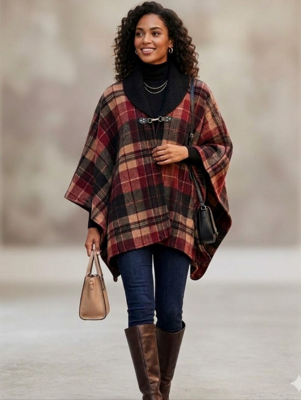 RACHEL Rachel Roy Plaid Cape Collar Fleece Poncho Wrap. One size